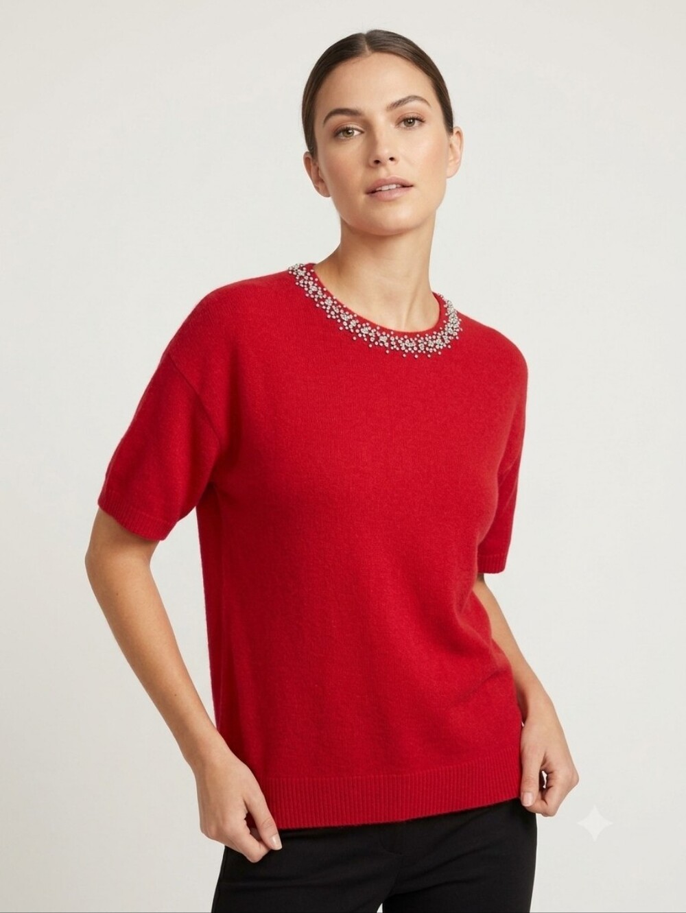 NWT Tahari 100% Cashmere Rhinestone Neck Short Sleeve Sweater Red Size XL